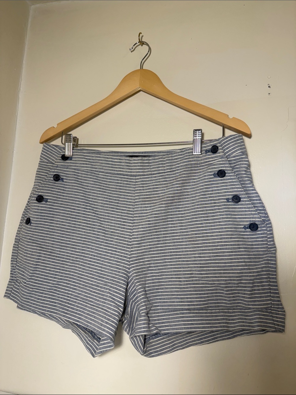 Banana Republic Navy and White Striped Button-Accent Bermuda Shorts